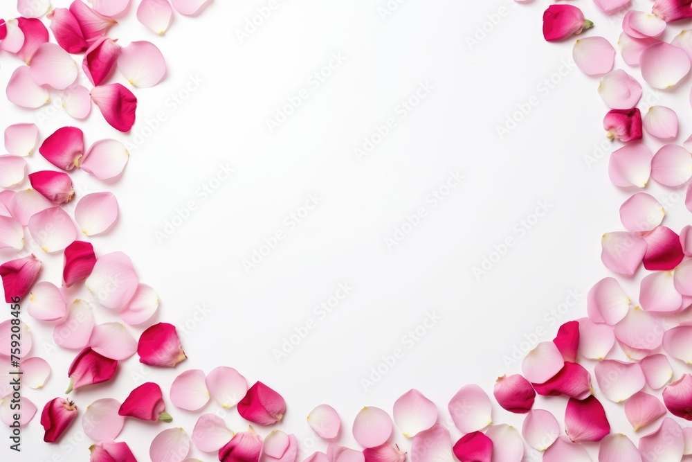 Round frame made of rose petals and flowers on white. Circular Frame with Rose Petals and Flowers