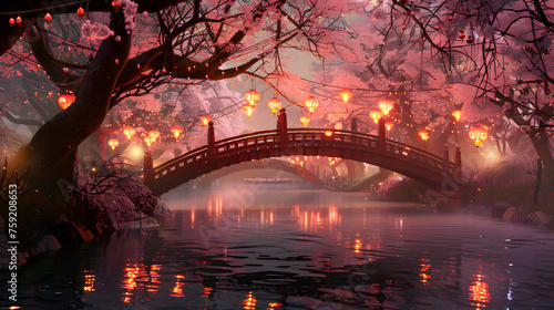 Soirée de printemps sereine : un parc urbain tranquille éclipsé par de splendides cerisiers en fleurs, des lanternes au clair de lune et un paysage nocturne fascinant