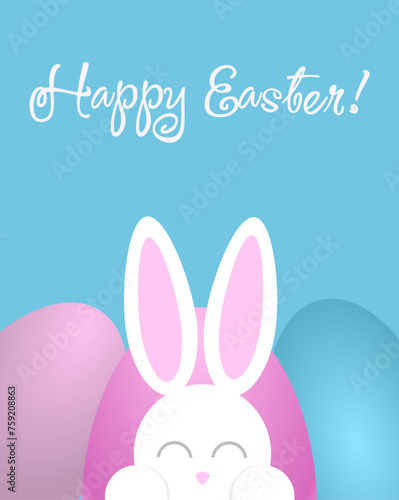 Sweet easter sale illustration with color Painted Eggs and white rabbit on a blue background. Vector Easter Holiday Design Template for Coupon  Banner  Voucher or Promotional Poster. Bunny.