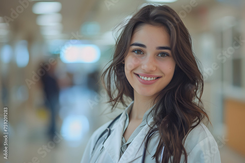 smiling girl doctor in white doctor robe on a blurred background in the hospital hall photo