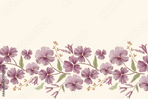 Vintage Floral pattern seamless pink flower motifs border background frame embroidery. Ethnic Ikat pattern paisley design. Ditsy vector illustration hand drawn.