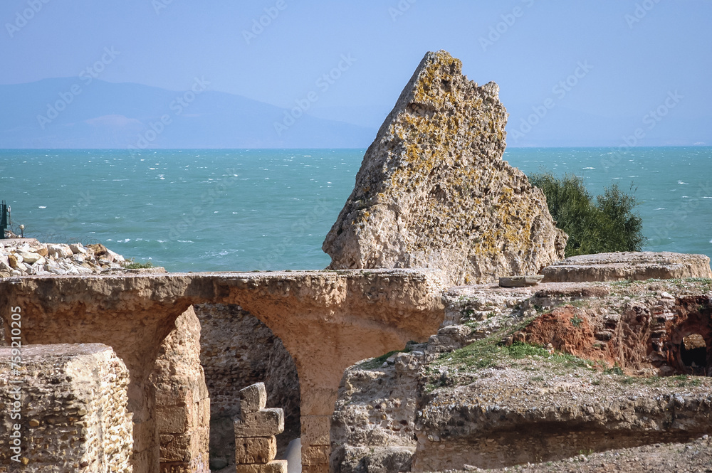 Ruins of Baths of Antoninus in Carthage Archeological Site in suburbs of Tunis city, Tunisia