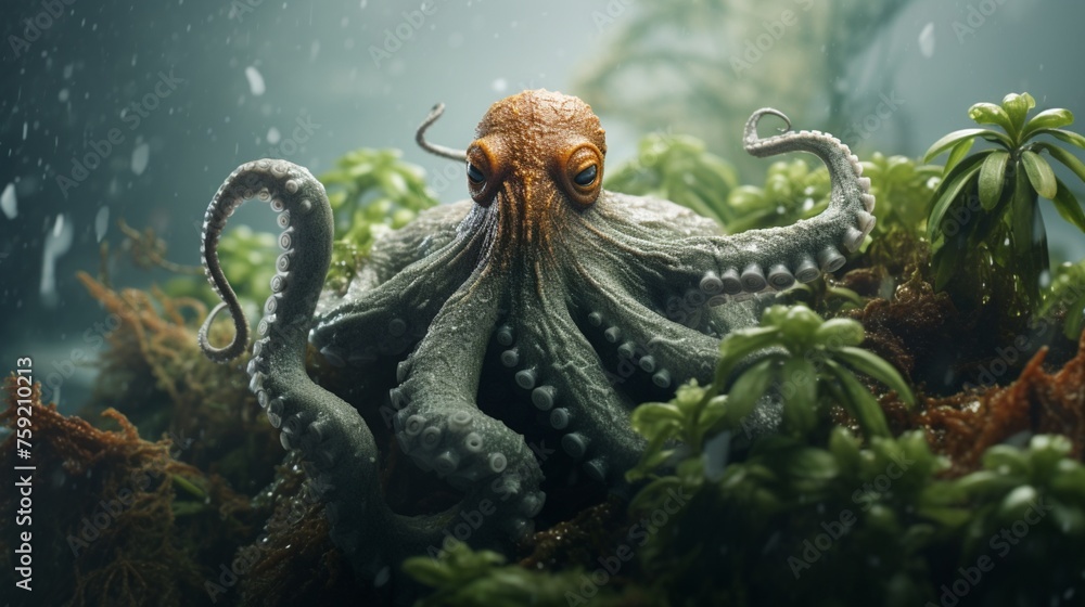 the mesmerizing textures of an octopus gracefully gliding through marine foliage. - obrazy, fototapety, plakaty 