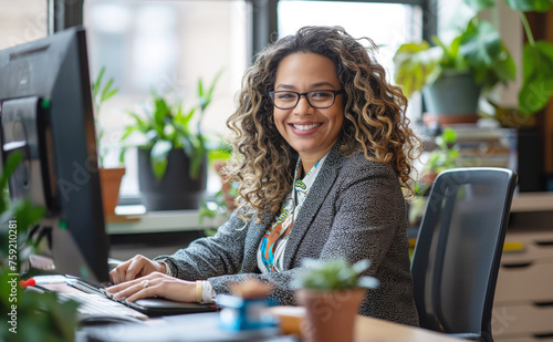 Vibrant Office Ambience with Joyful Multiracial Professional, Dynamic Workspace, One Person in her 40s