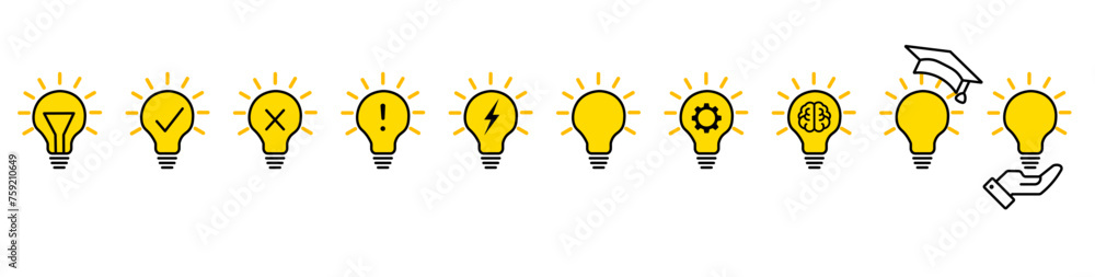 Collection of light bulb icons. Lamp, ideas icons collection. Collection of icons of yellow glowing linear light bulbs on a white background vector eps10 Collection of light bulb icons. Lamp, ideas icons collection. Collection of icons of yellow glowing linear light bulbs on a white background vector eps10