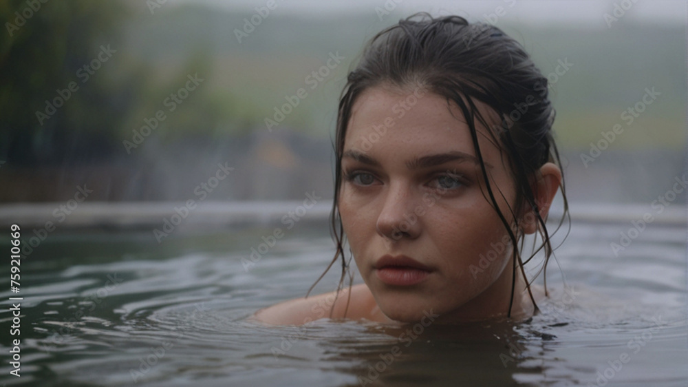 Fototapeta premium Beautiful young woman relaxing in the outdoor thermal bath