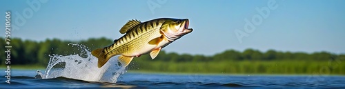 bass leaping from the sea , fishing concept background 