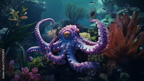 Witness the elegance of a textured octopus as it maneuvers through a garden of underwater plants, its purple hue a striking contrast to its surroundings.
