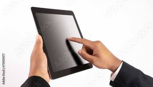 Hands touching blank screen of black tablet computer, isolated on white background. 