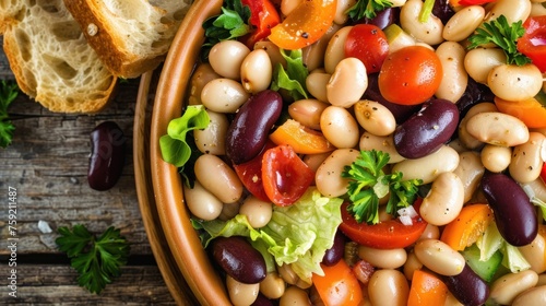 a bowl of beans, tomatoes, lettuce, and a piece of bread on a wooden table next to a piece of bread.