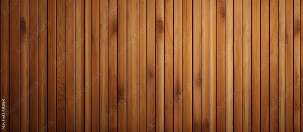 Naklejka premium A closeup of a brown hardwood wall with an amber wood stain, showcasing a striped pattern. The flooring is treated with varnish for a glossy finish