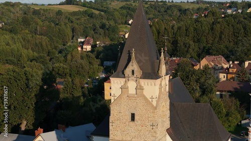 Beautiful Church Tower Downtown Lesko Mountains Aerial View Poland photo