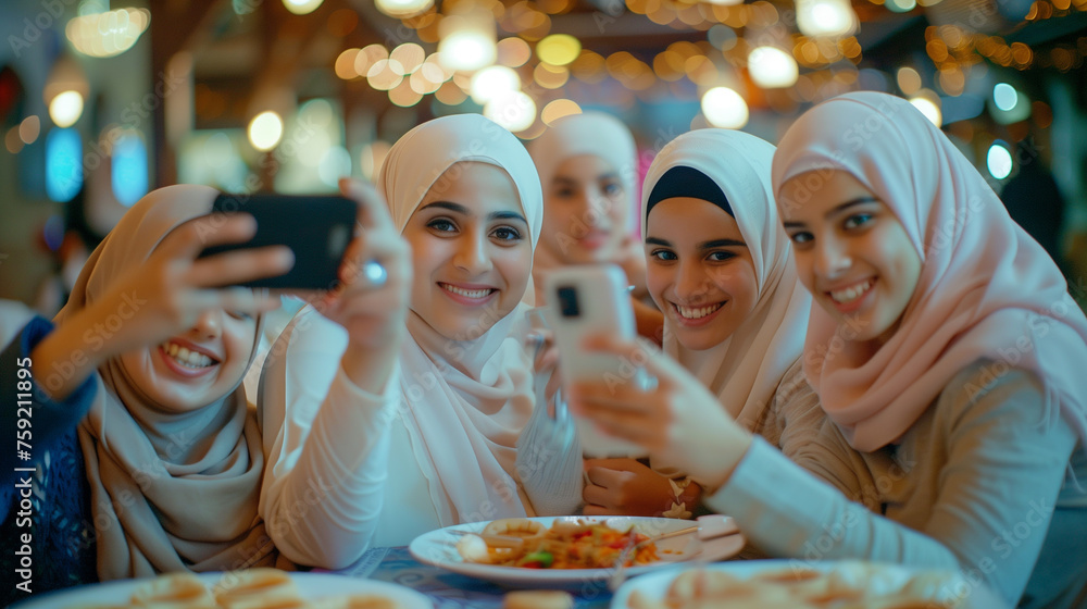 Typical Arab Arab Muslim teenage girls are smiling and posing for a selfie in a ...