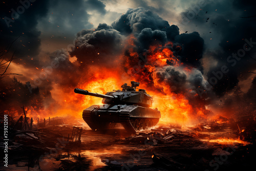 War tank in the middle of the battlefield, fire and explosions behind the tank. Generative AI