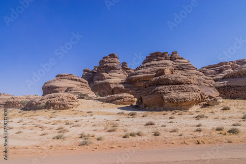 Rock formations at Hegra  Mada in Salih  site near Al Ula  Saudi Arabia