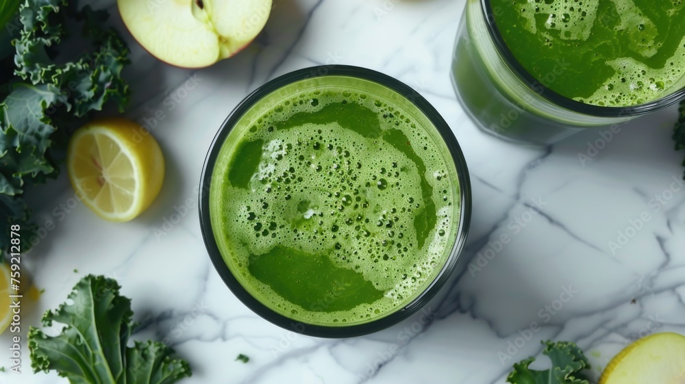 refreshing start to the day with a glass of cold-pressed green juice, made from kale, spinach, green apple, and lemon, served on a marble countertop refreshing start to the day with a glass of cold-pressed green juice, made from kale, spinach, green apple, and lemon, served on a marble countertop