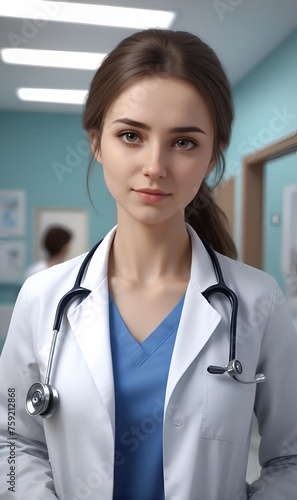 A girl doctor in the background of a hospital room