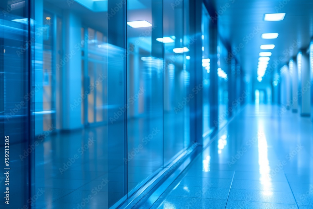 A large, empty office room with a sun shining through the windows. Modern space is made of glass and has a shiny, reflective surface