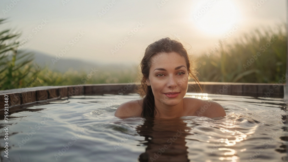 Beautiful young woman relaxing in the outdoor thermal bath Beautiful young woman relaxing in the outdoor thermal bath