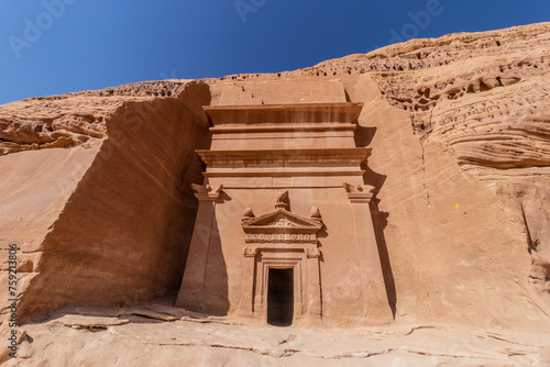 Rock cut tomb 44 (Doctor's tomb) in Jabal Al Banat hill at Hegra (Mada'in Salih) site near Al Ula, Saudi Arabia photo