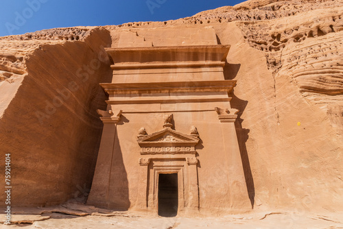 Rock cut tomb 44 (Doctor's tomb) in Jabal Al Banat hill at Hegra (Mada'in Salih) site near Al Ula, Saudi Arabia photo