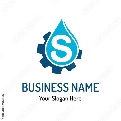 Letter S Logo Idea for Water Repair, Water Maintenance. Simple Modern Plumbing Service Logo with Water Drop and Gear