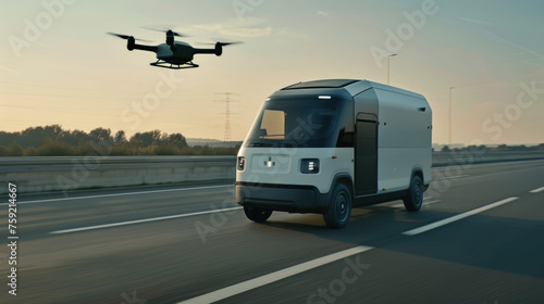 Futuristic electric delivery van drives autonomously on a highway as a drone hovers above during evening hours, showcasing modern transportation technologies