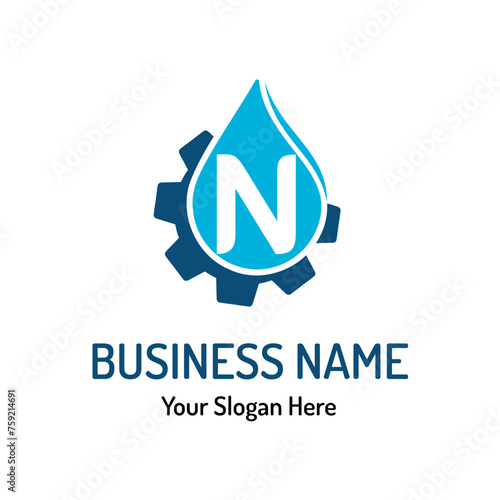 Letter N Logo Idea for Water Repair, Water Maintenance. Simple Modern Plumbing Service Logo with Water Drop and Gear photo