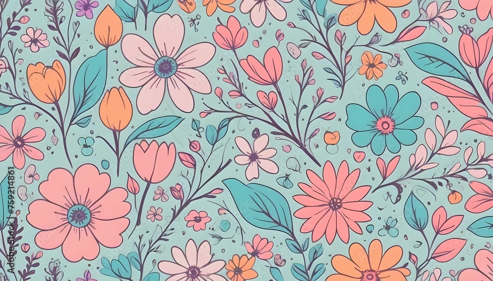 Spring Seamless Pastel Pattern with Florals created with generative ai