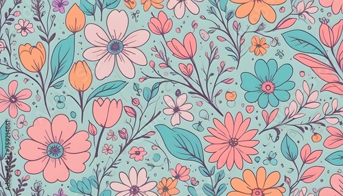 Spring Seamless Pastel Pattern with Florals created with generative ai