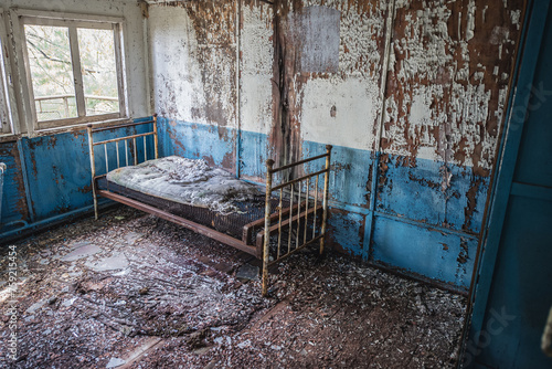 Bed in floating restaurant in Pripyat ghost city in Chernobyl Exclusion Zone in Ukraine