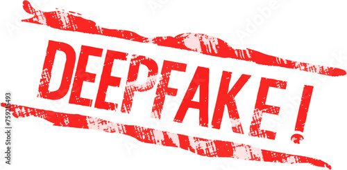 WORN RED DEEPFAKE STAMP, Alert, Warning, Word, Mark, Text, Isolated. Grunge stamp with the text DEEPFAKE. Capital letters with exclamative. Postage stamp style.