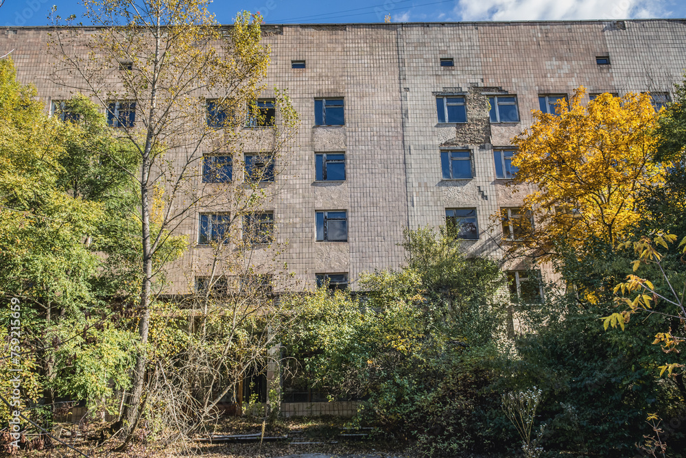 Facade of Hospital MsCh-126 in Pripyat ghost city in Chernobyl Exclusion Zone, Ukraine Facade of Hospital MsCh-126 in Pripyat ghost city in Chernobyl Exclusion Zone, Ukraine