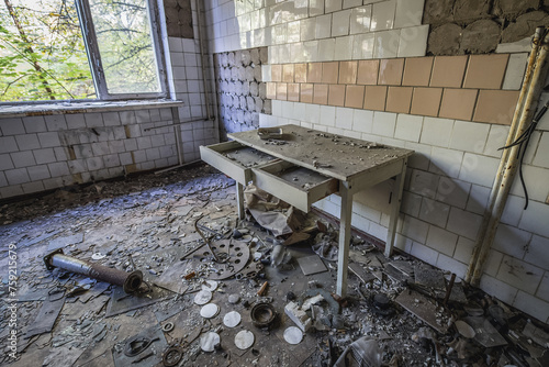 Desk in Hospital MsCh-126 in Pripyat ghost city in Chernobyl Exclusion Zone, Ukraine