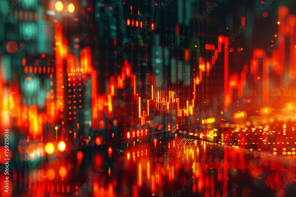 A computer monitor displays a graph of stock prices. The graph shows a downward trend, with the stock prices dropping significantly. Scene is one of concern and uncertainty A computer monitor displays a graph of stock prices. The graph shows a downward trend, with the stock prices dropping significantly. Scene is one of concern and uncertainty