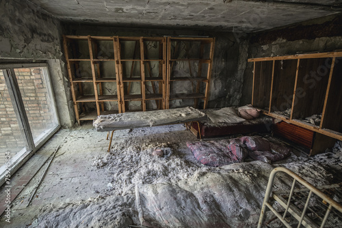 Room in Hospital MsCh-126 in Pripyat ghost city in Chernobyl Exclusion Zone, Ukraine