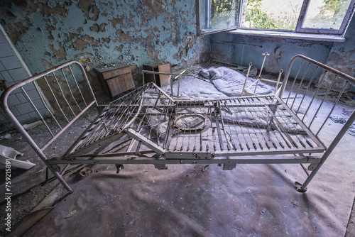 Patient room in maternity ward of hospital MsCh-126 in Pripyat ghost city in Chernobyl Exclusion Zone, Ukraine