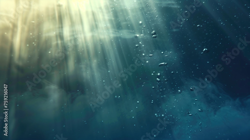Sunlight piercing through the depths of the ocean, illuminating water particles and bubbles