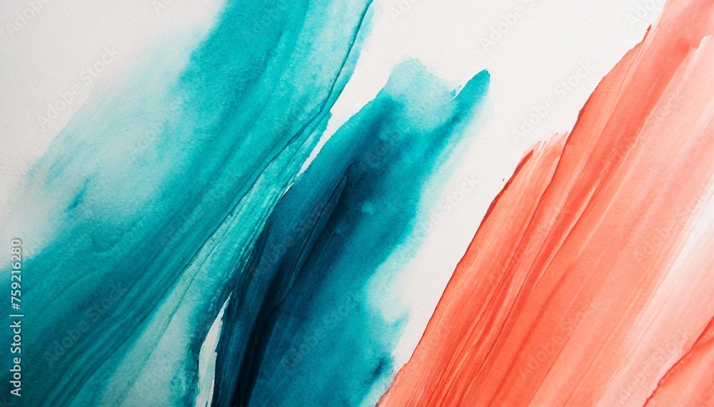 watercolor abstract background on white canvas with dynamic mix of muted teal and coral banner panorama