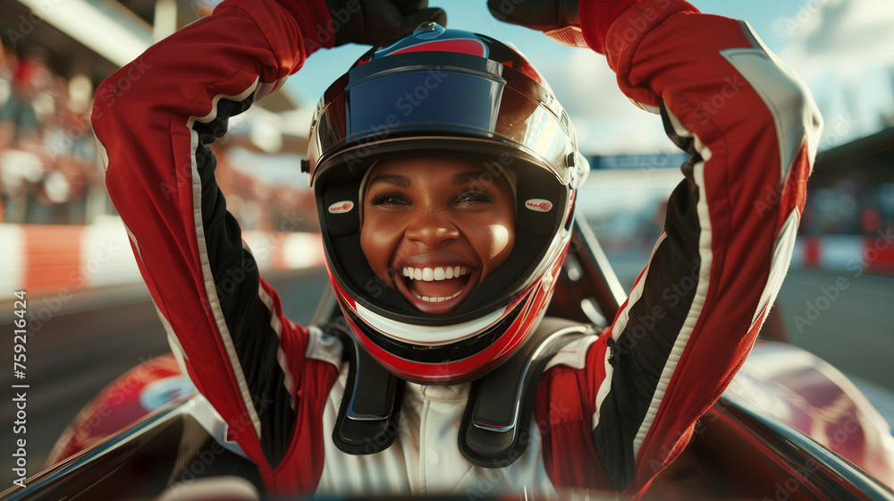 Black female racer after winning the race Black female racer after winning the race