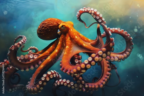 art work featuring an octopus with bright orange tentacles underwater
