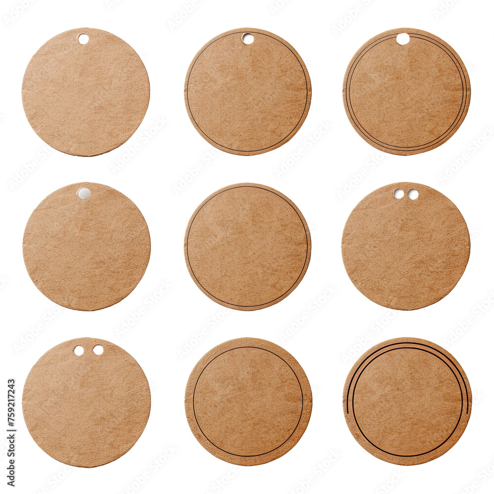 Set of round old brown paper stickers mock up blank isolated on white or transparent background Set of round old brown paper stickers mock up blank isolated on white or transparent background