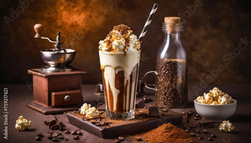 Sweet Milkshake with caramel syrup, cream liqueur, on brown background