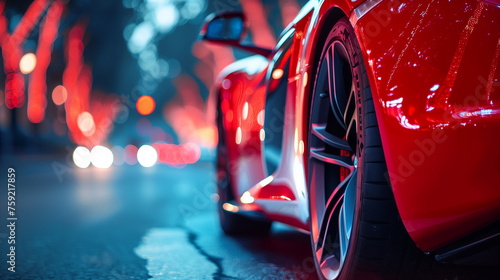 close up photo about Red sport car closeup picture on a narrow road with bokeh background photo