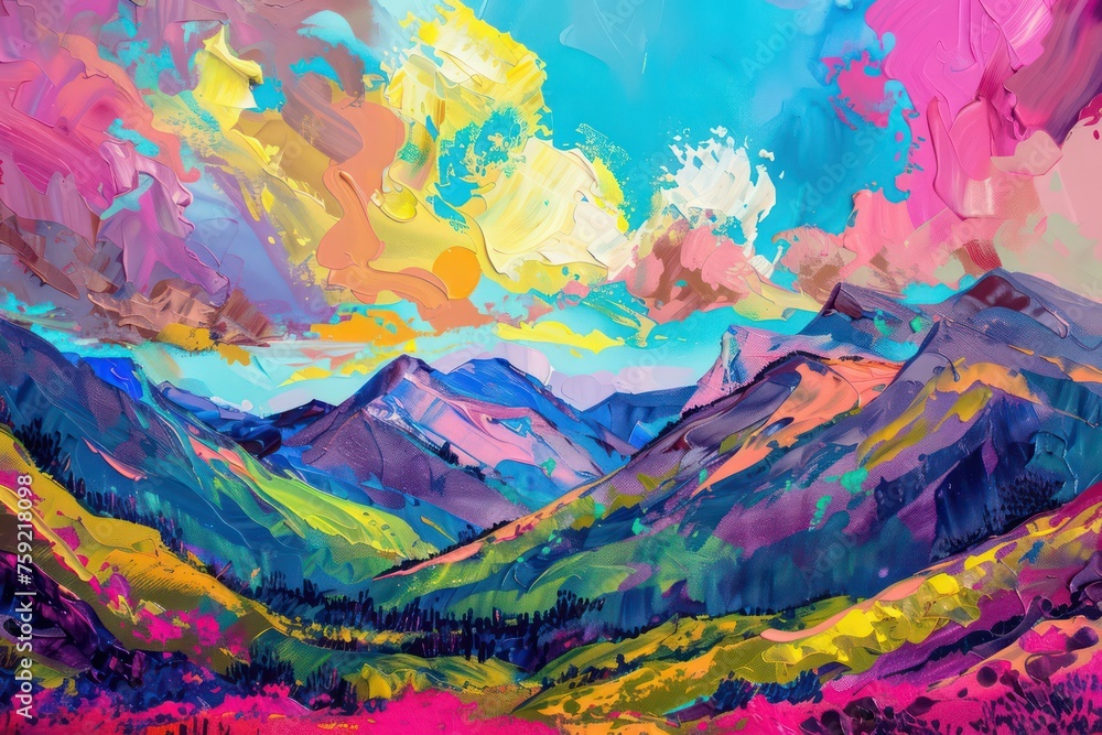 colorful painting in the mountains with clouds