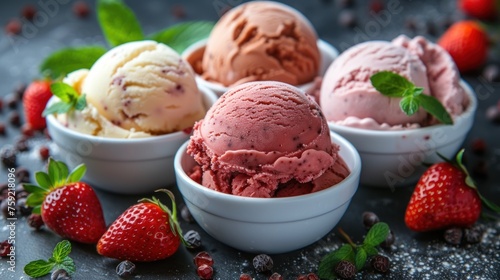 four scoops of ice cream with strawberries and mint on a black surface with chocolate chips and strawberries.