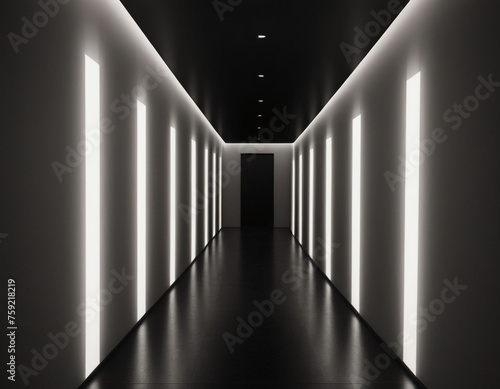long dark corridor with white light beams