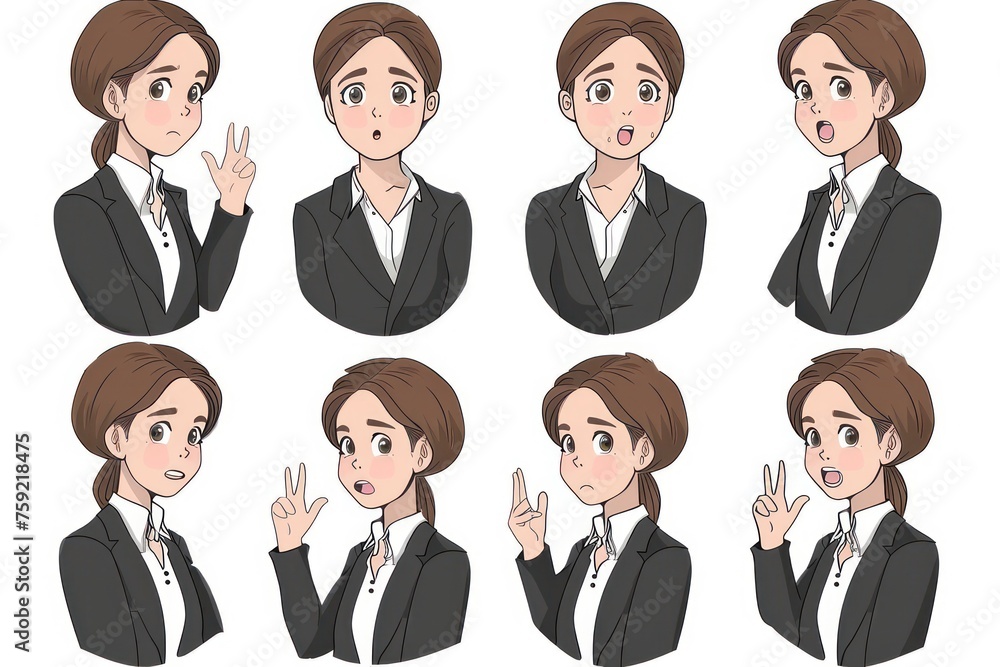 businesswoman in various poses with various expressions on her face businesswoman in various poses with various expressions on her face