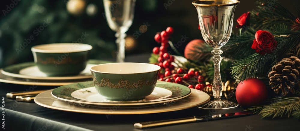Elevate your Christmas table setting with beautiful porcelain plates, bowls, and wine glasses. Complete the look with festive decorations for a stunning holiday event