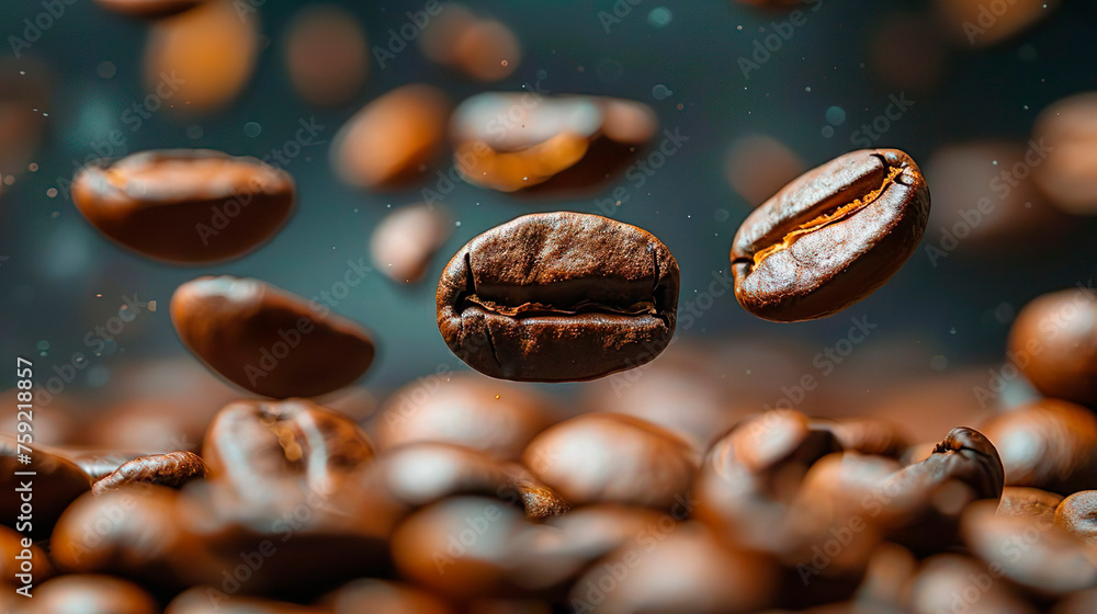 Close-up of aromatic roasts raw whirl coffee grains floating flying in the air. Delicious drink beverage. Healthy eating. Organic natural coffee beans. Close-up of aromatic roasts raw whirl coffee grains floating flying in the air. Delicious drink beverage. Healthy eating. Organic natural coffee beans.